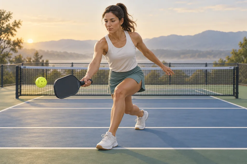 Une joueuse réalise des fentes marchées sur un court de pickleball vide, en tenue de sport.