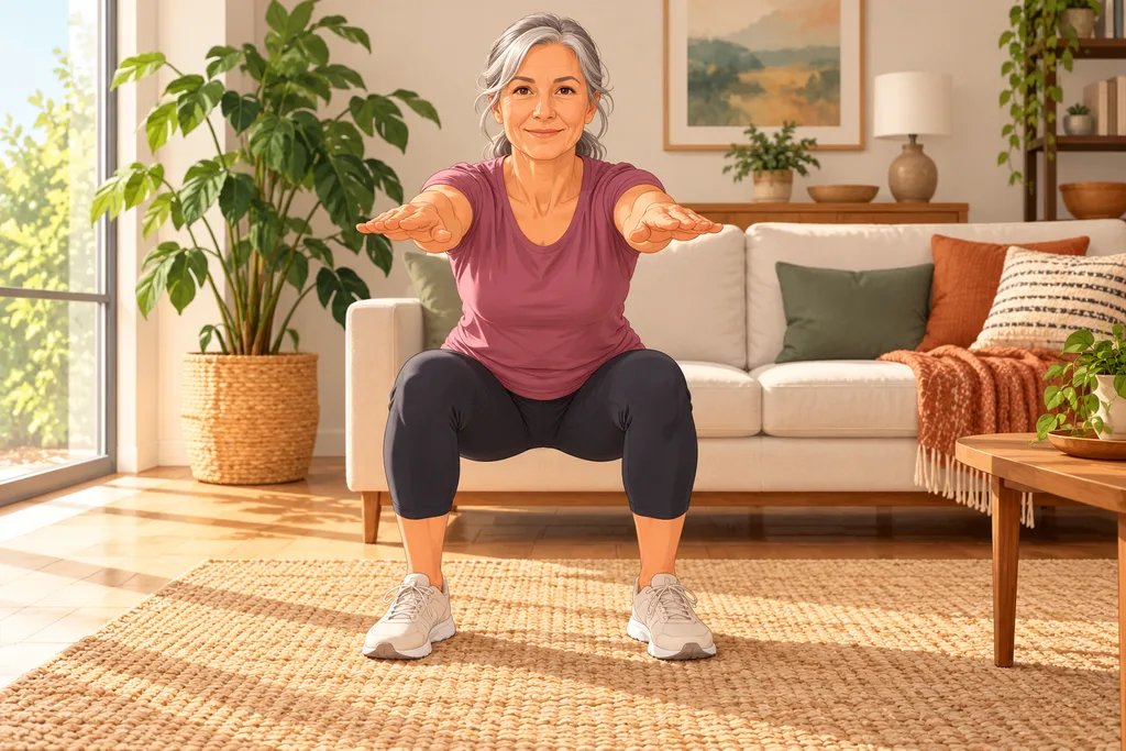 Une personne fait des squats avec le poids du corps dans un salon lumineux.